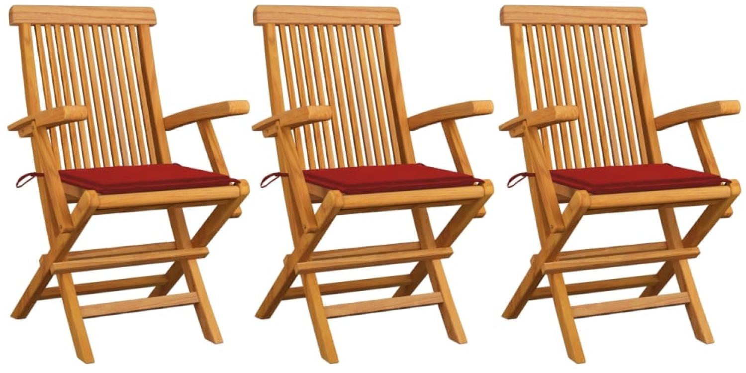 Gartenstühle mit Roten Kissen 3 Stk. Massivholz Teak Bild 1