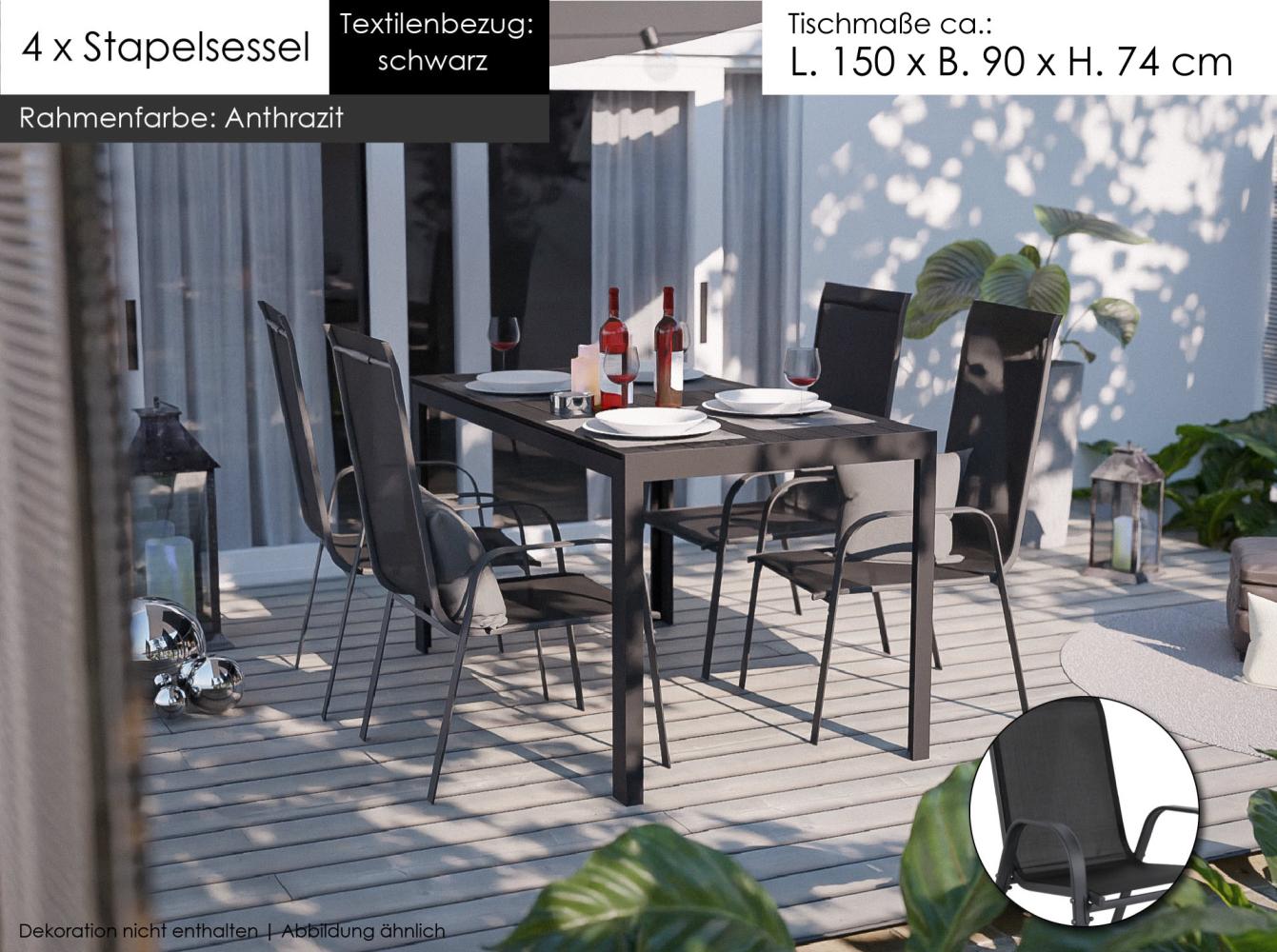 Gartenmöbel Set Alu Tisch 5-tlg. 4x Stapelsessel Essgruppe Sitzgruppe Gartenset schwarz Bild 1
