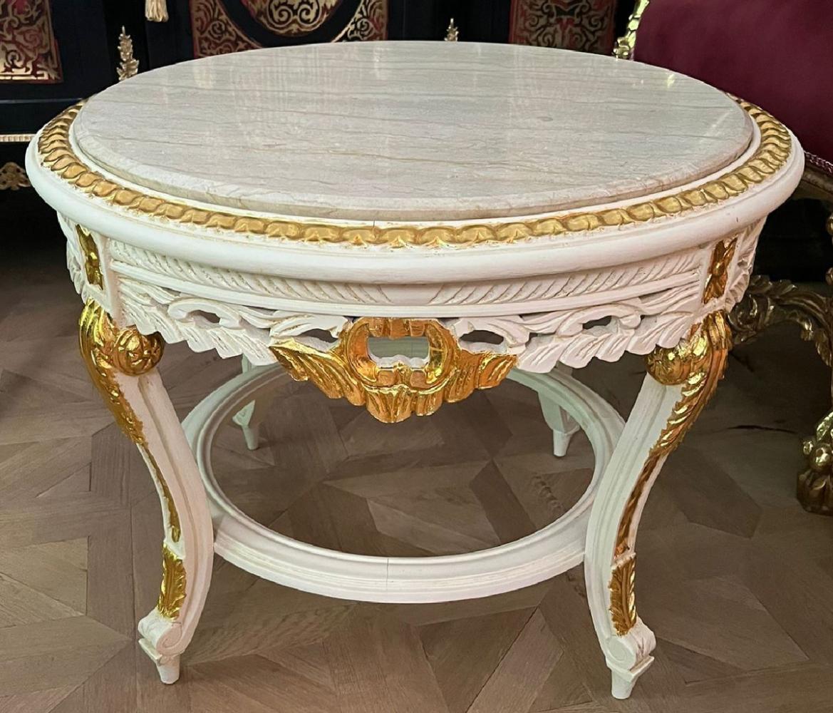 Casa Padrino Barock Couchtisch mit Marmorplatte Weiß / Gold / Creme - Runder Massivholz Wohnzimmertisch im Barockstil - Barockstil Wohnzimmer Möbel - Barock Möbel - Antik Stil Wohnzimmer Möbel Bild 1