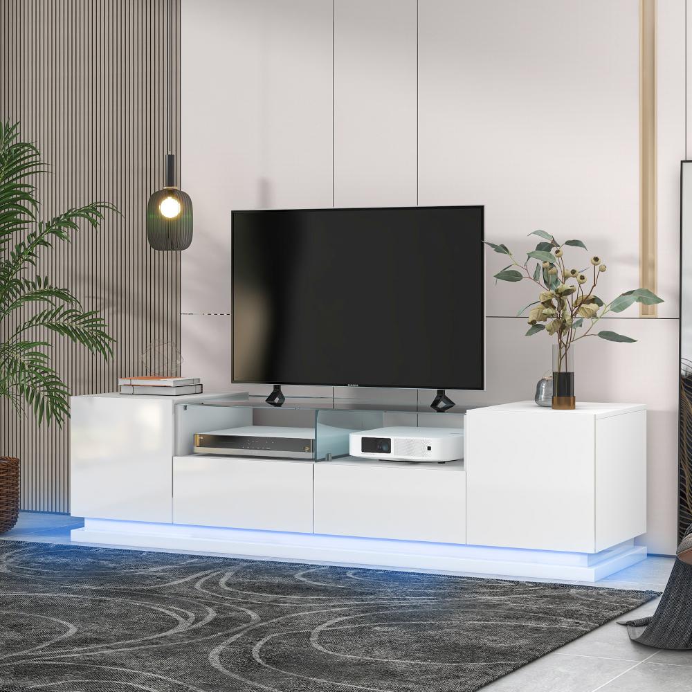 Merax Hochglänzender TV-Schrank mit Glasböden, zwei Schubladen und zwei Türen, Lowboard mit mehrfarbigen LED-Lichteffekten, Weiß Bild 1