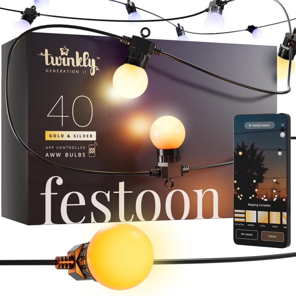 Twinkly Festoon - App-gesteuerte LED-Glühbirnen-Lichterkette mit 40 AWW (warmweiß bis kaltweiß) LEDs. 20 Meter. Schwarzes Kabel. Innen und Außen Smart Lighting Dekoration Bild 1