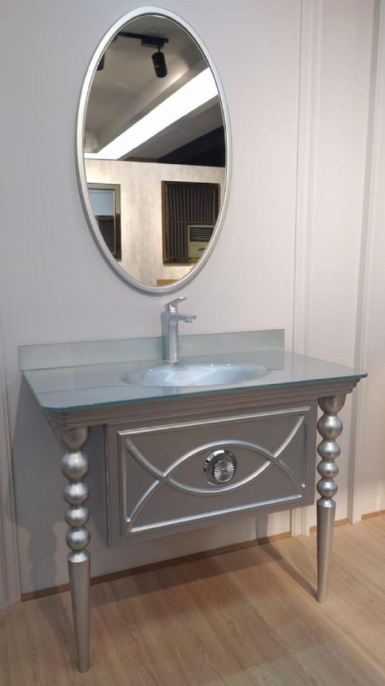 Casa Padrino Barock Badezimmer Set Silber - 1 Waschtisch mit Glas Waschbecken & 1 Wandspiegel - Badezimmer Möbel im Barockstil Bild 1