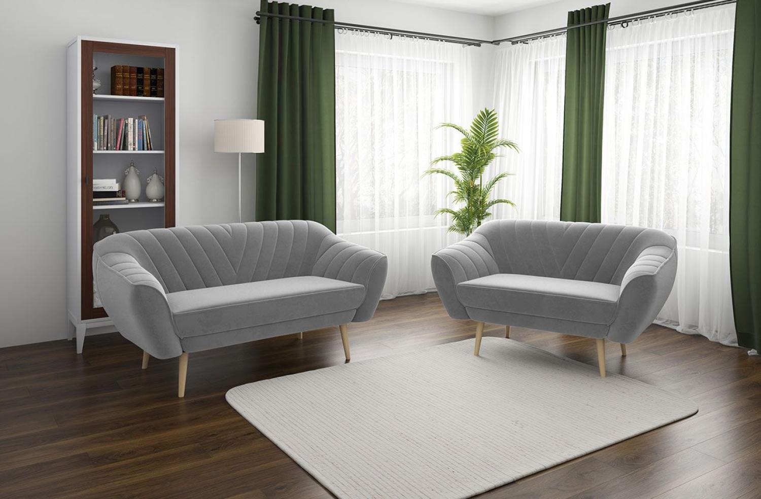 Couchgarnitur zum Wohnzimmer, Sofa-Set - Sofa MIA - 3 2 - Hellgrau Velours Bild 1