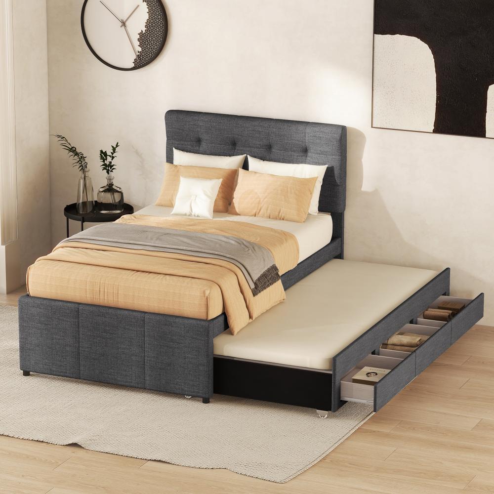 Merax Polsterbett, Doppelbett, Familienbett, mit drei Schubladen, ausziehbares Bett, Verstellbares Kopfteil, Grau, 90x200cm Bild 1