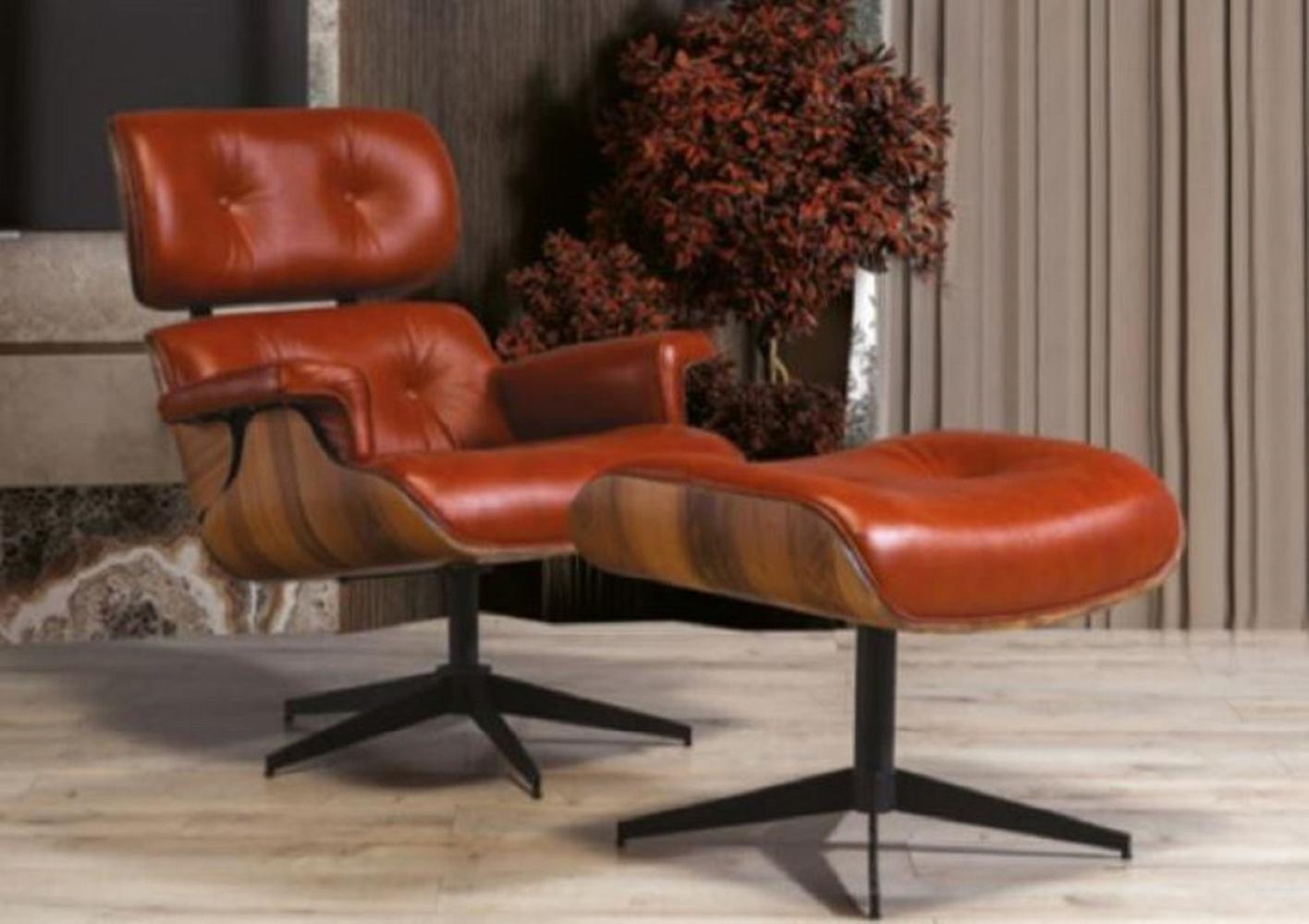 Casa Padrino Luxus Sessel mit Fußhocker Braun / Schwarz - Kunstleder Wohnzimmer Sessel mit Hocker - Wohnzimmer Möbel - Luxus Möbel Bild 1