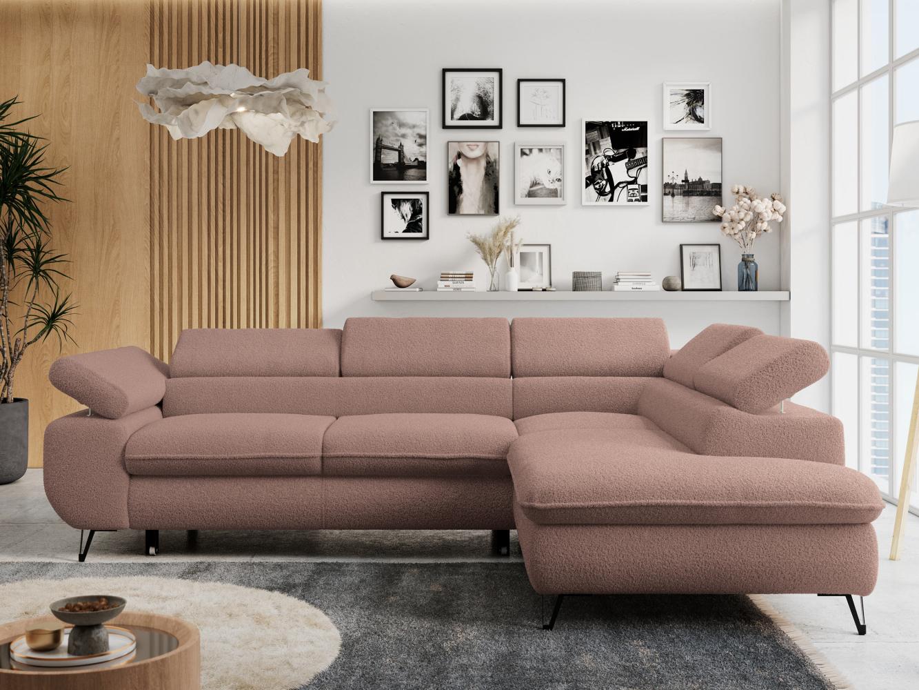 Ecksofa mit Bettfunktion, Modern Sofa, L-form, Einstellbare Kopfstützen, Bettkasten - PETER - Rosa Boucle - Topper T25 - rechts Bild 1