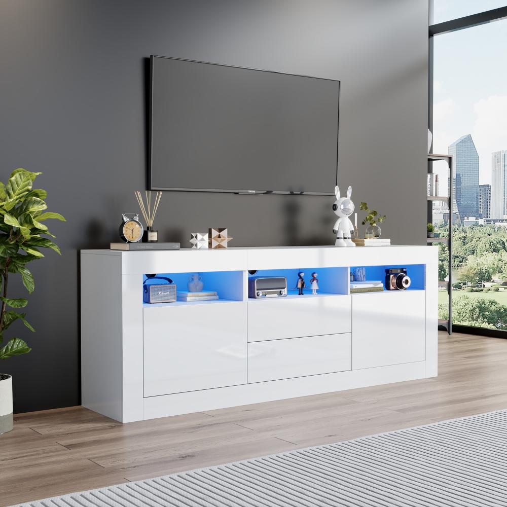 Merax 160*35*60cm Hochglanz-TV-Schrank mit LED-Beleuchtung, 3 offenen Fächern, 2 Türen, 2 Schubladen, Smart App Steuerung, für 70-Zoll-Fernseher, Hochglanz-TV-Ständer, Weiß Bild 1