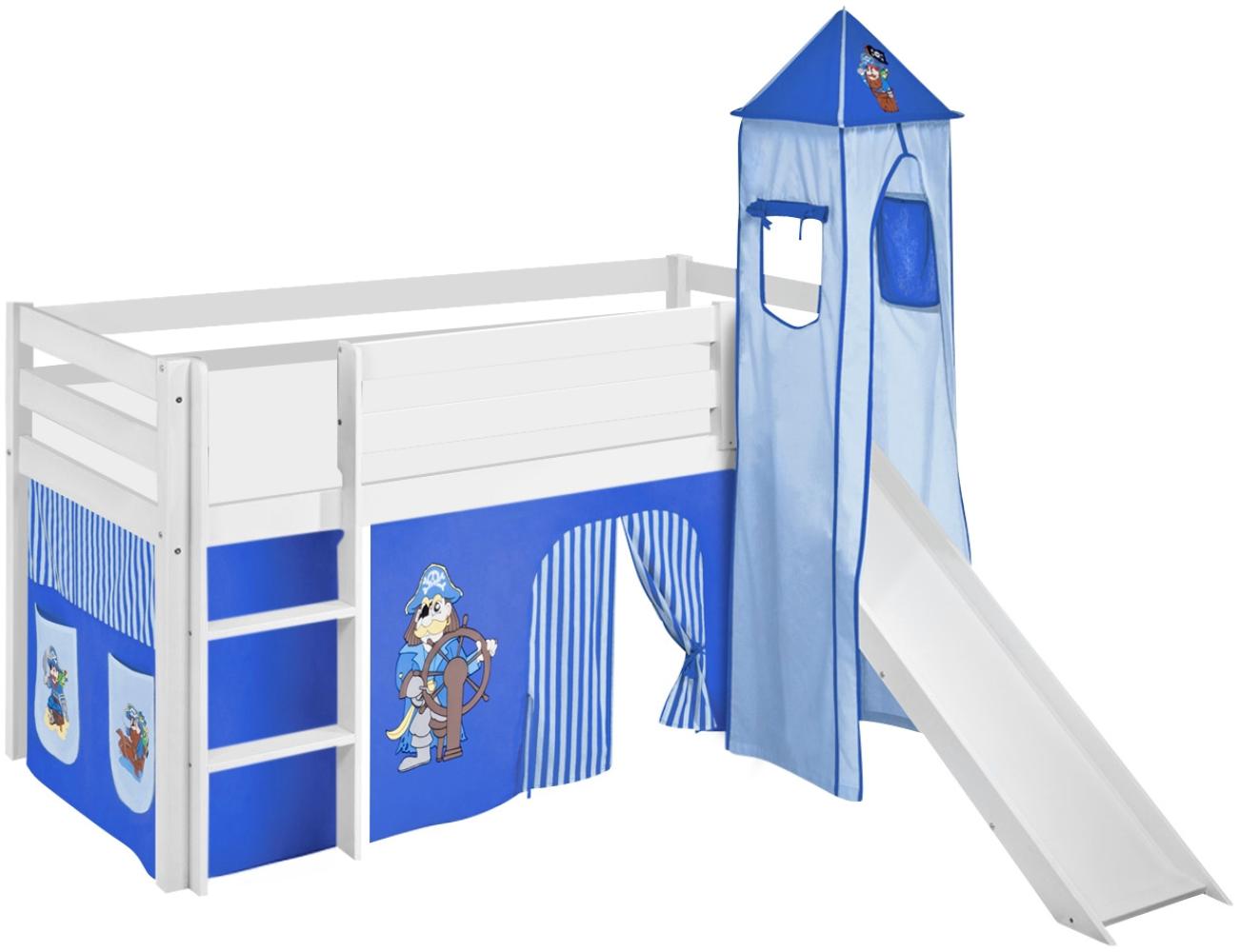 Lilokids 'Jelle' Spielbett 90 x 200 cm, Pirat Blau, Kiefer massiv, mit Turm, Rutsche und Vorhang Bild 1