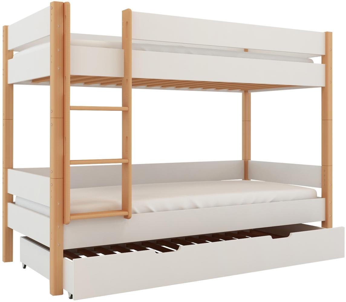 Polini-Kids 'Lollipop' Etagenbett mit Zusatzbett-Bettkasten, massives Buchenholz weiß, 90 x 200 cm Bild 1