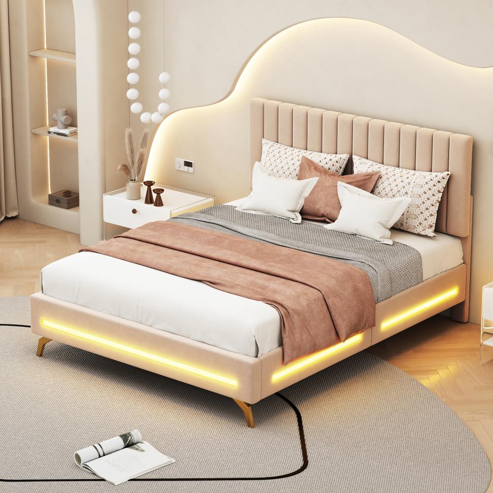 Merax Polsterbett 140 x 200 cm, mit LED-Leuchten, Samtstoff, Doppelbett mit verstellbarem Kopfteil, Beige (Ohne Matratze) Bild 1