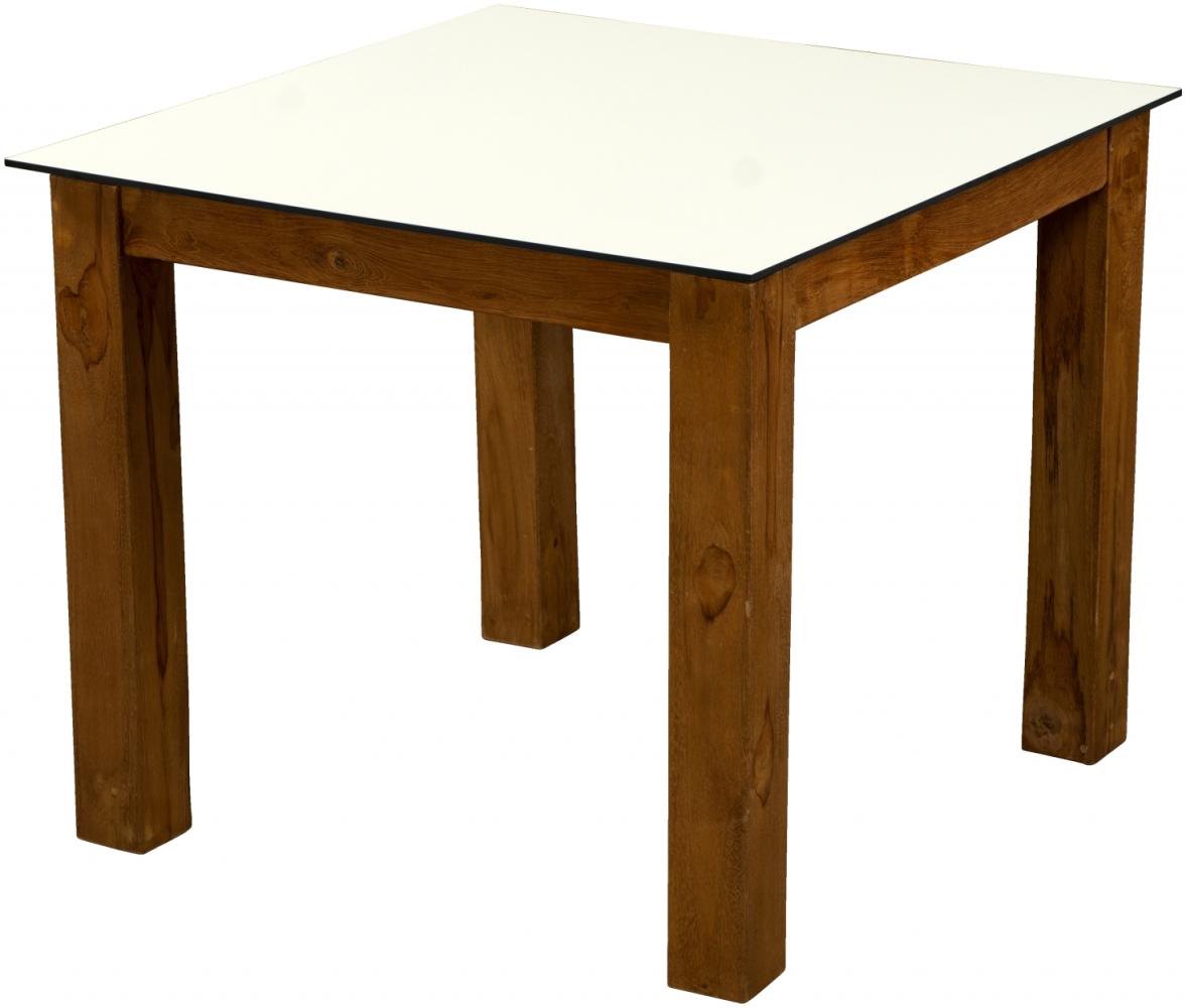 Inko Gartentisch Teakholz recycelt 90x90 cm Terrassentisch Tischplatte nach Wahl Deropal weiß Bild 1