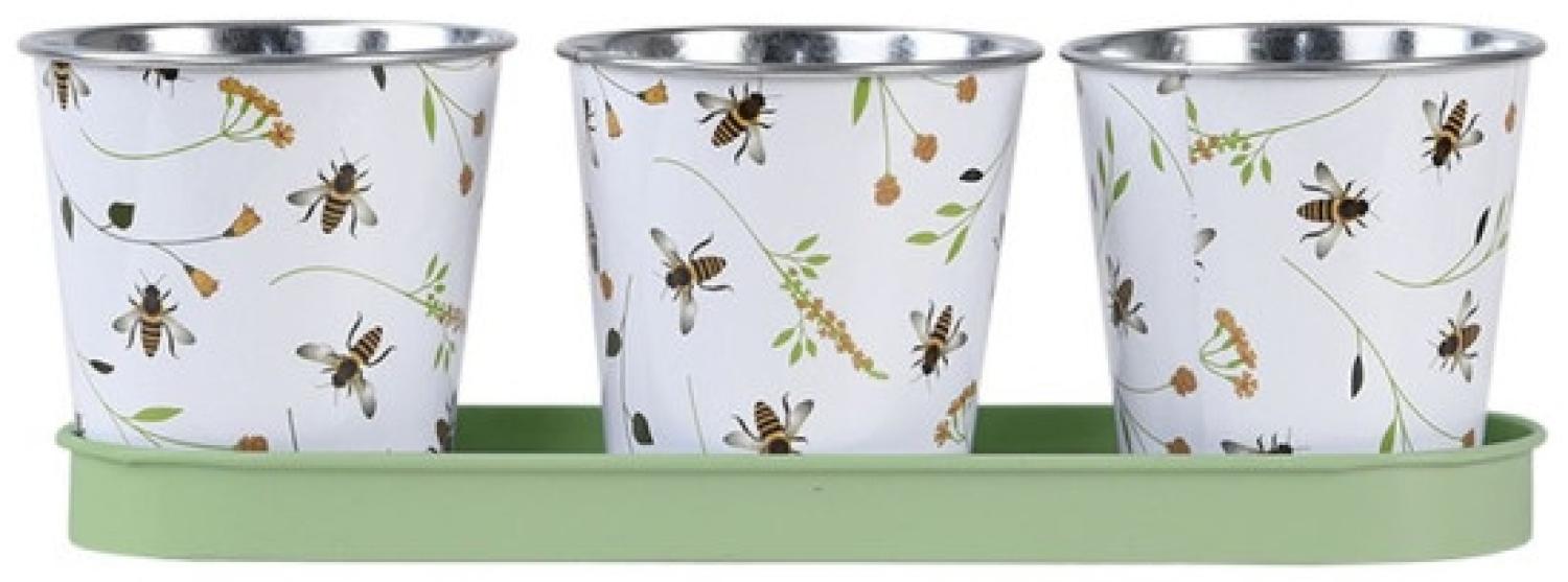 Rivanto® 3er Blumentopf Set Bienenmuster auf Tray, kleine Pflanztöpfe, Untersetzer Breite 32 cm, Topf Ø ca. 10 cm Bild 1