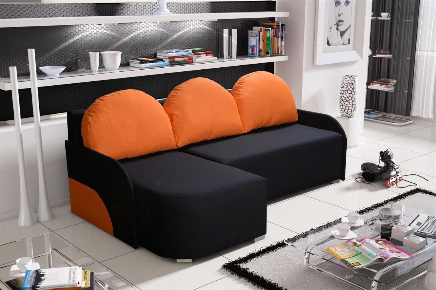 Ecksofa Sofa CANDY mit Schlaffunktion Ottomane Links Schwarz / Orange Bild 1