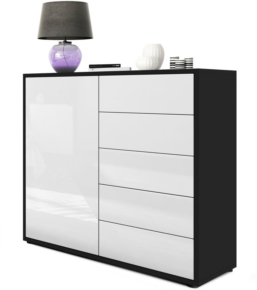 Vladon Sideboard Ben V2, Kommode mit 1 Tür und 5 Schubladen, Schwarz matt/Weiß Hochglanz (79 x 74 x 36 cm) Bild 1