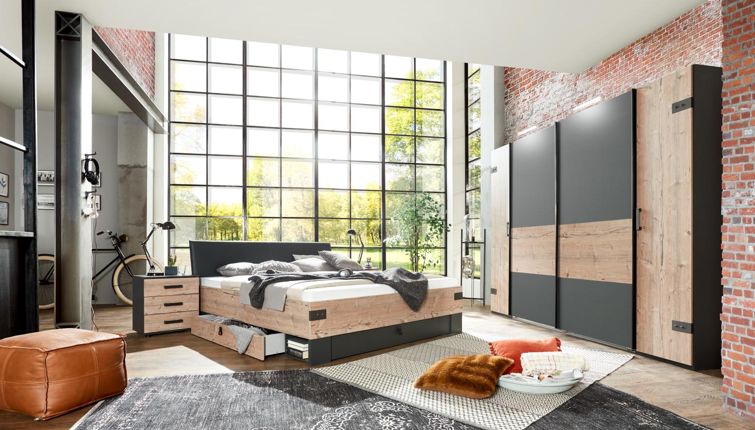 Schlafzimmer Komplett Set 4-tlg. STOCKHOLM Bett Kleiderschrank grau braun Bild 1