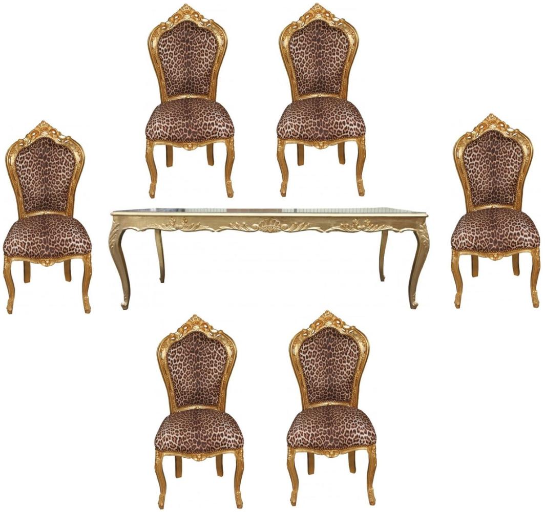 Casa Padrino Barock Esszimmer Set Leopard/Gold - Esstisch + 6 Stühle ohne Armlehnen Bild 1