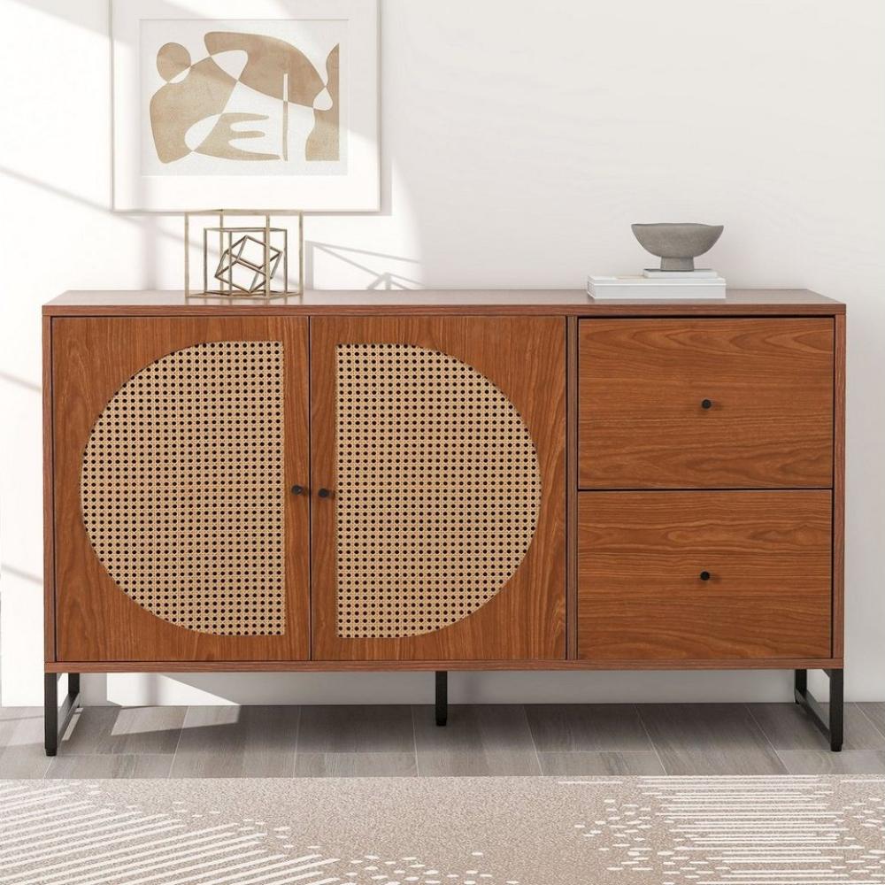 Merax Sideboard mit 2 Fächern und 2 Schubladen, Kommode mit Metallsockel und Rattantüren,Anrichte,B:130cm Bild 1