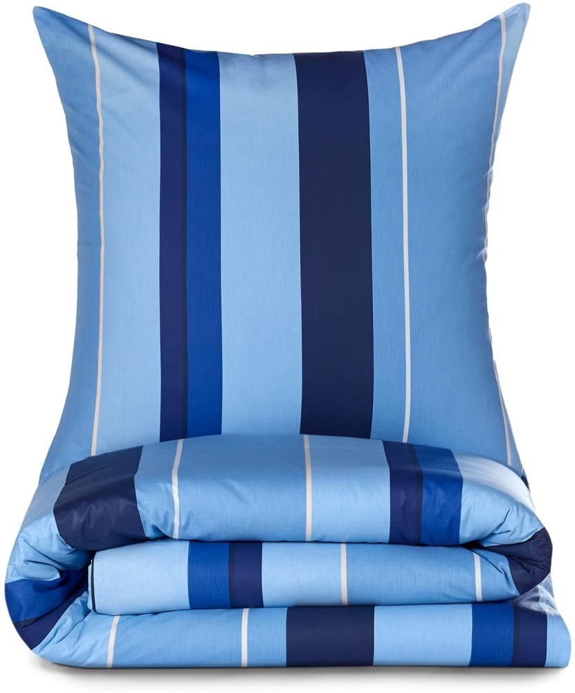 Alreya 2 TLG Renforcé Bettwäsche 135 x 200 cm mit 1 Kissenbezug 80 x 80 cm - 100% Baumwolle mit YKK Reißverschluss, Superweiches Bettbezug, Blaue Wellen Bild 1