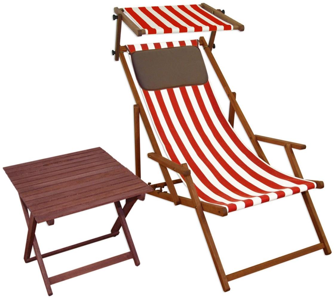 Liegestuhl rot-weiß Gartenstuhl Tisch Sonnendach Kissen Deckchair Buche Strandstuhl 10-314 S T KD Bild 1