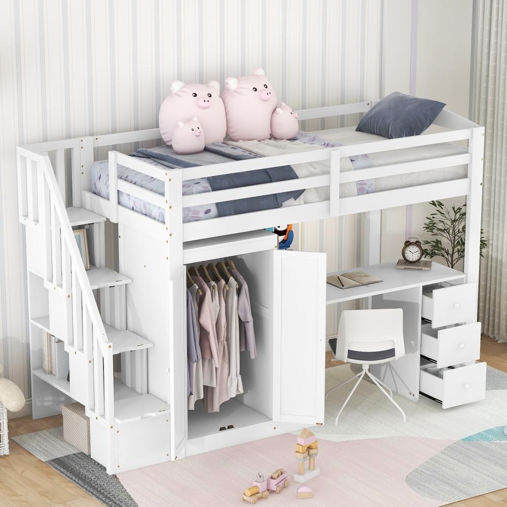Merax 90 x 200 Hochbett mit Kleiderschrank und Treppe, Schreibtisch und Schubladen und Schrank in einem, weiß (Ohne Matratze) Bild 1