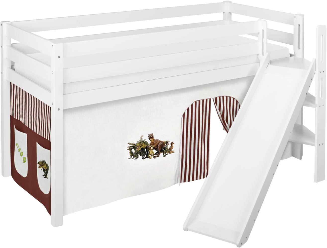 Lilokids 'Jelle' Spielbett 90 x 190 cm, Dinos Braun Beige, Kiefer massiv, mit schräger Rutsche und Vorhang Bild 1