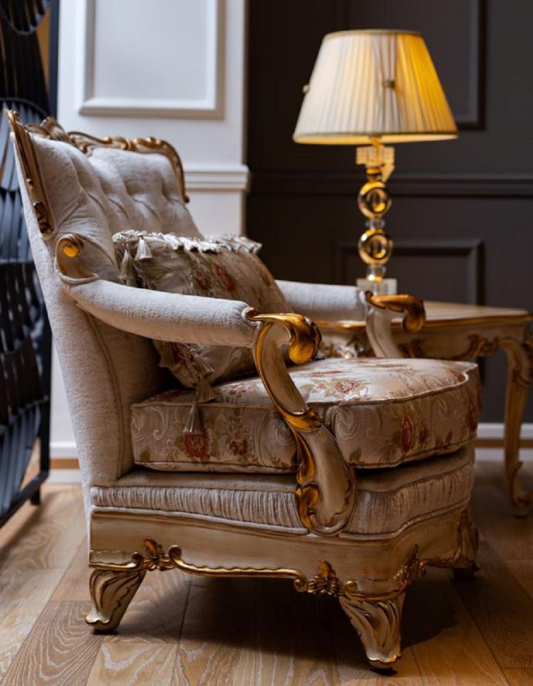 Casa Padrino Luxus Barock Sessel Weiß / Beige / Gold - Prunkvoller Wohnzimmer Sessel mit Blumenmuster - Barock Wohnzimmer Möbel Bild 1