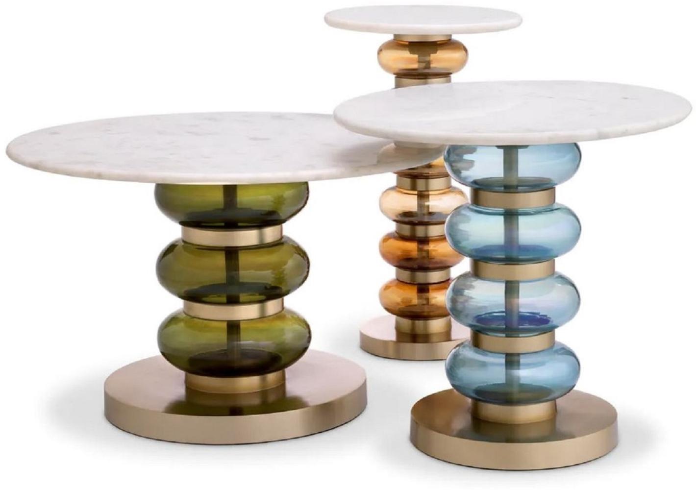 Casa Padrino Luxus Beistelltisch Set Grün / Blau / Orange / Weiß / Messing - 3 Runde Tische mit Marmorplatte - Wohnzimmer Möbel - Hotel Möbel - Luxus Möbel - Luxus Einrichtung - Möbel Luxus Bild 1