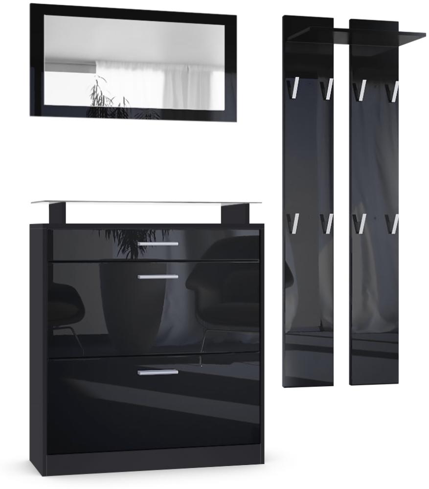 Vladon Garderobe Loret mini, Garderobenset bestehend aus 1 Schuhschrank, 1 Wandspiegel und 2 Garderobenpaneele, Schwarz matt/Schwarz Hochglanz Bild 1