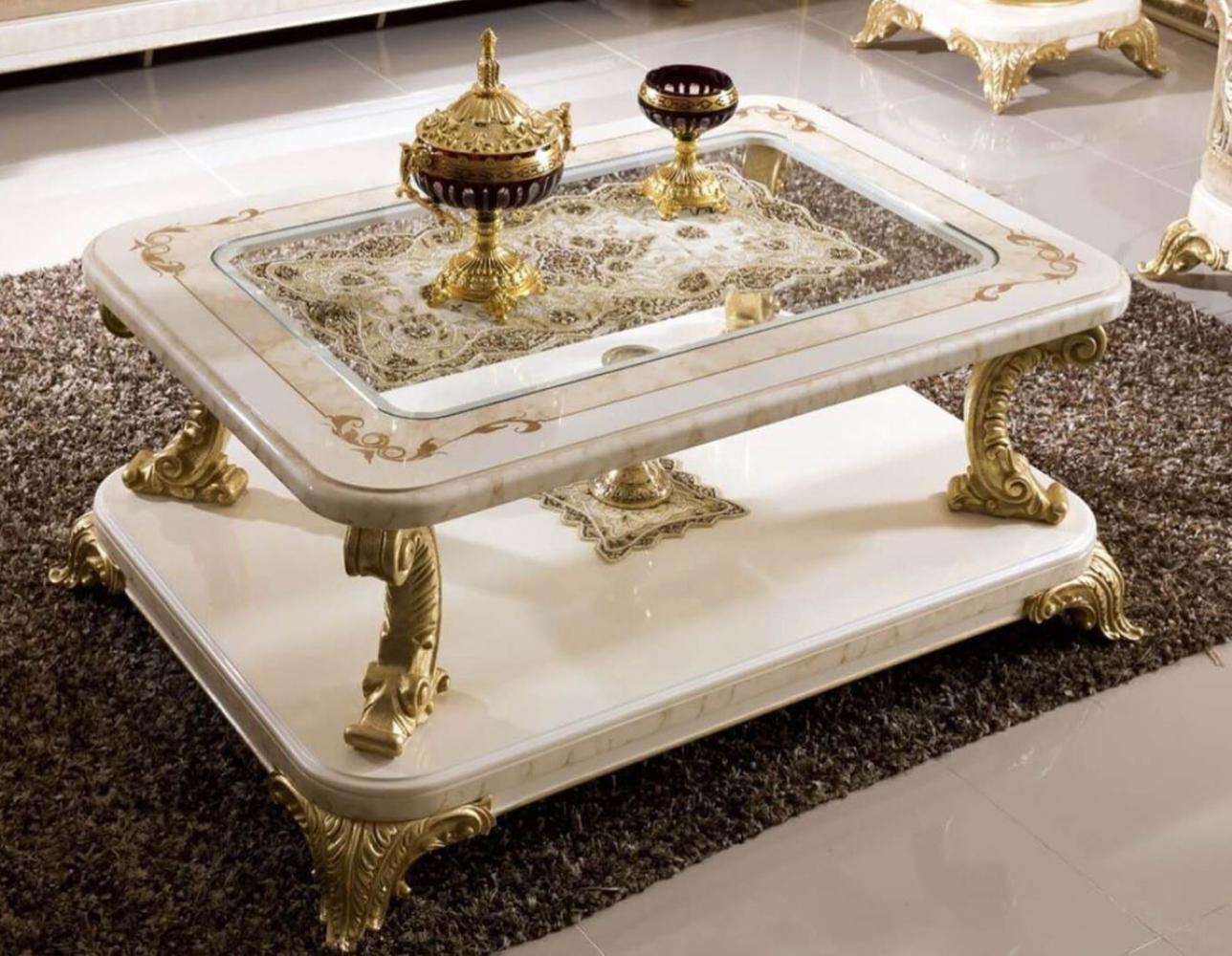 Casa Padrino Luxus Barock Couchtisch mit Glasplatte Weiß / Beige / Gold - Prunkvoller Massivholz Wohnzimmertisch im Barockstil - Barock Wohnzimmer Möbel - Edel & Prunkvoll Bild 1