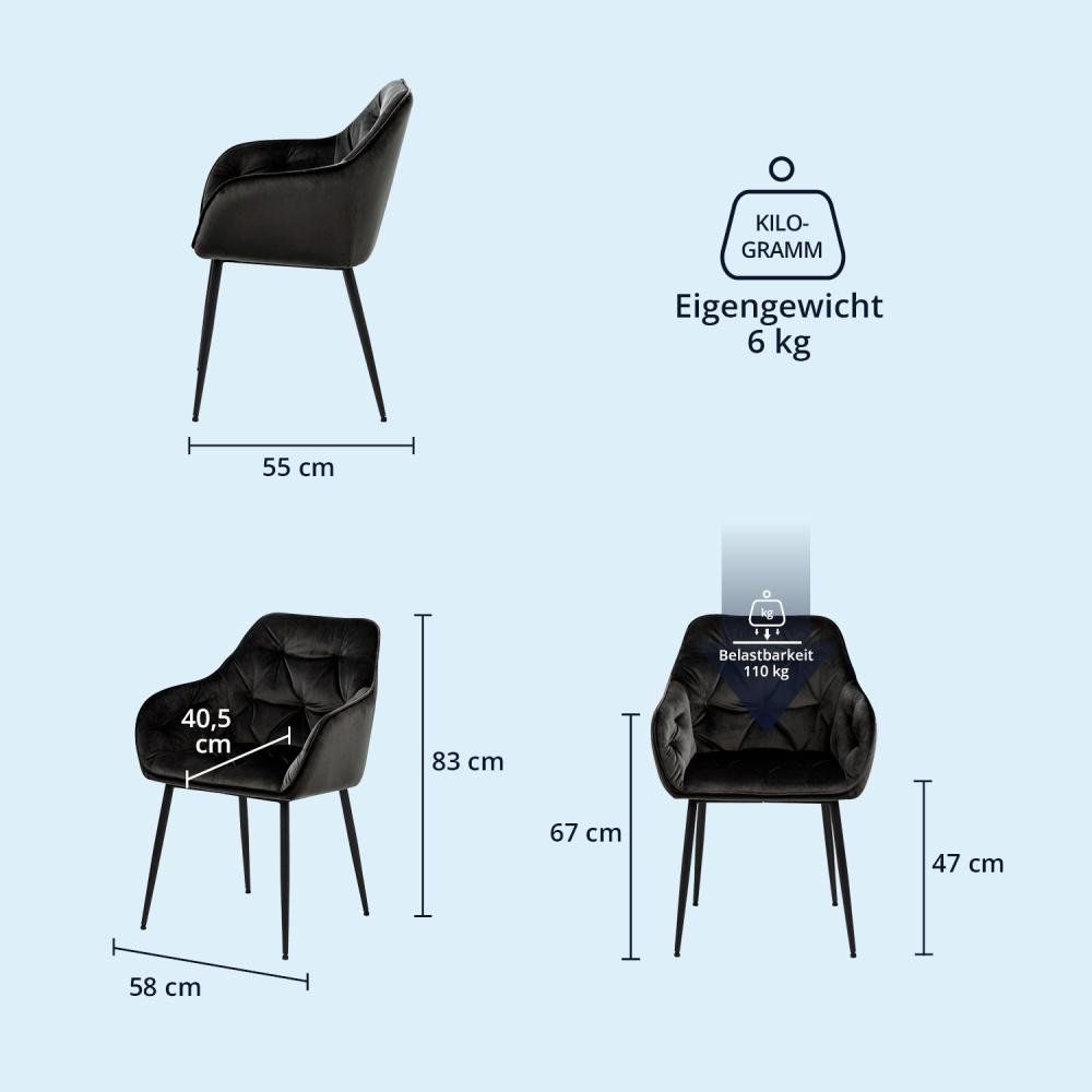 KHG 6er Set Esszimmerstühle Polsterstuhl Küchenstuhl Wohnzimmer-Sessel mit Armlehnen schwarz Samt - Metallbeine schwarz, Rückenlehne, Sitzfläche und Armlehnen gesteppt - Design Stuhl Sitzhöhe 47 cm Bild 1