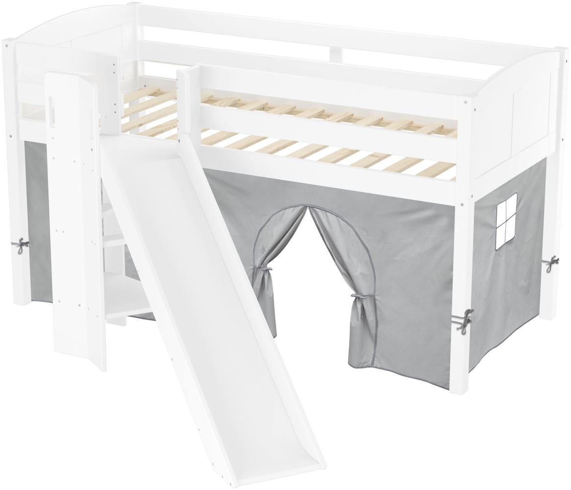 Schönes Spielbett für Kinder mit Rutsche 90x200 cm Kiefer weiß V-60. 21W-09mit Vorhang grau Bild 1