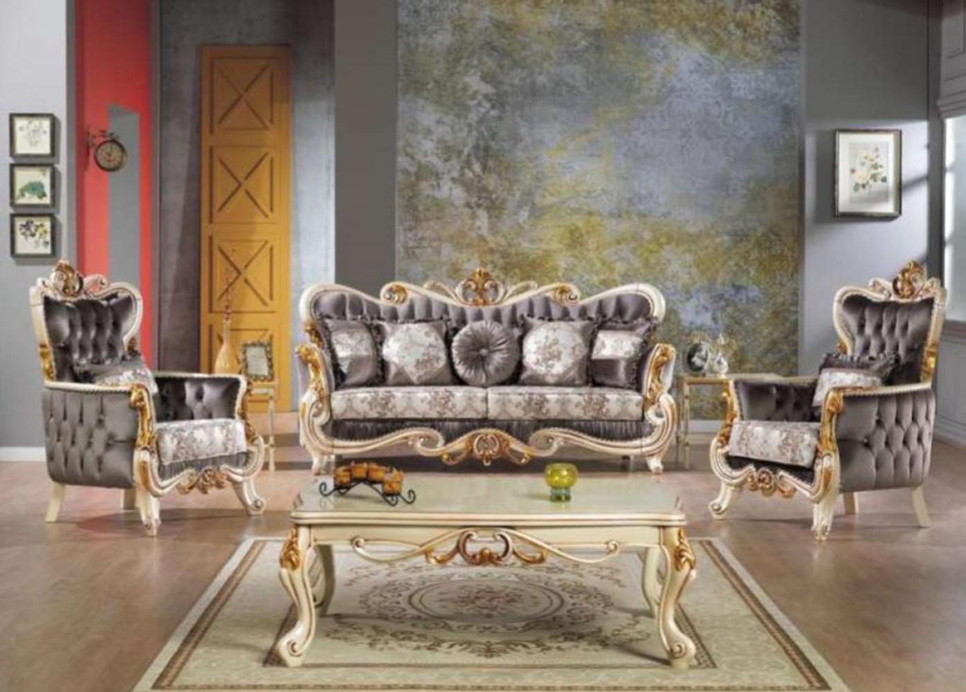 Casa Padrino Barock Neoklassik Sofa Set - 3er Sofa, 2 Sessel und Couchtisch - dunkelgrau/creme/gold - Luxus Kollektion aus Italien Bild 1