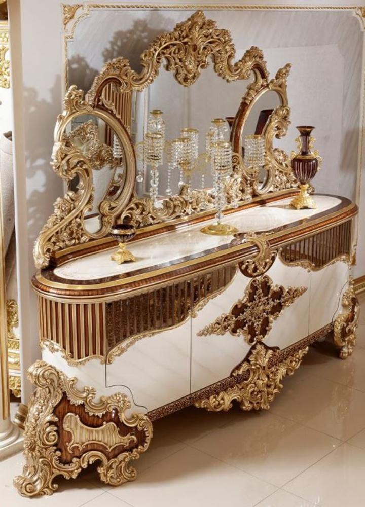 Casa Padrino Luxus Barock Möbel Set Weiß / Braun / Gold - 1 Barock Sideboard mit 4 Türen & 1 Barock Wandspiegel - Handgefertigte Barock Möbel - Edel & Prunkvoll Bild 1