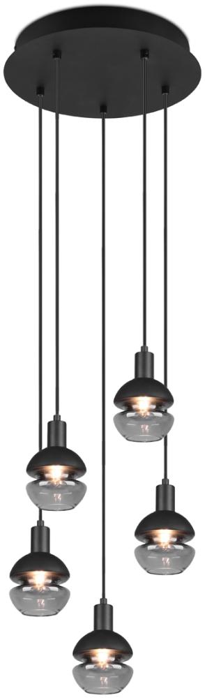 LED Pendelleuchte Industrial 5 flammig Schwarz mit Rauchglas Ø 34 cm Bild 1