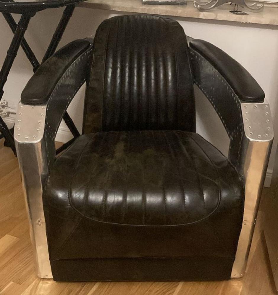 Casa Padrino Luxus Art Deco Leder Sessel Vintage Schwarz / Silber - Aluminium Wohnzimmer Sessel mit hochwertigem Echtleder - Lounge Sessel - Flugzeug Flieger Echtleder Möbel - Luxus Möbel Bild 1
