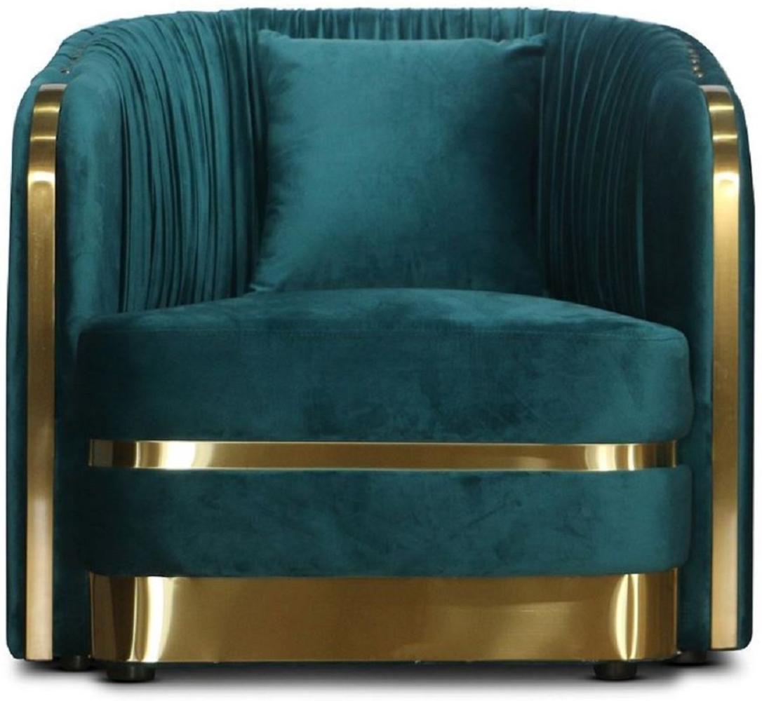 Casa Padrino Art Deco Samt Sessel Grünblau / Gold 80 x 78 x H. 80 cm - Wohnzimmer Sessel - Art Deco Wohnzimmer Möbel Bild 1