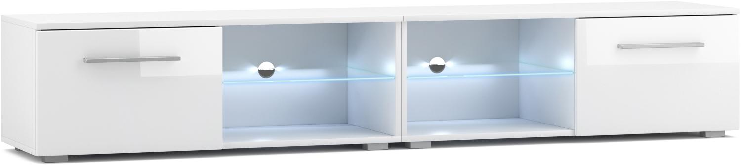 Domando Lowboard Rossano M3 Modern für Wohnzimmer Breite 200cm, LED Beleuchtung in blau, Push-to-open-System, Weiß Matt und Weiß Hochglanz Bild 1