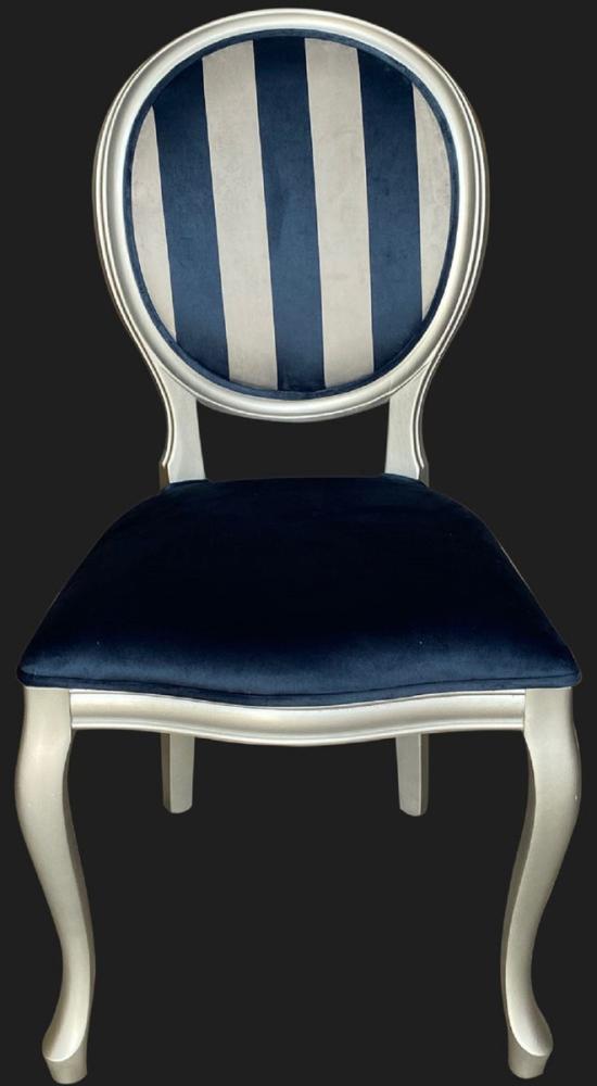 Casa Padrino Barock Esszimmer Stuhl Blau / Silber - Handgefertigter Antik Stil Stuhl mit Streifen - Esszimmer Möbel im Barockstil Bild 1