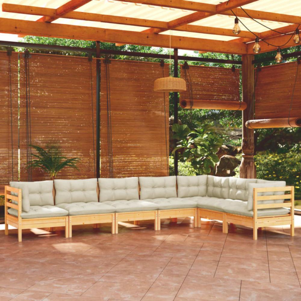 7-tlg. Garten-Lounge-Set mit Creme Kissen Massivholz Kiefer Bild 1