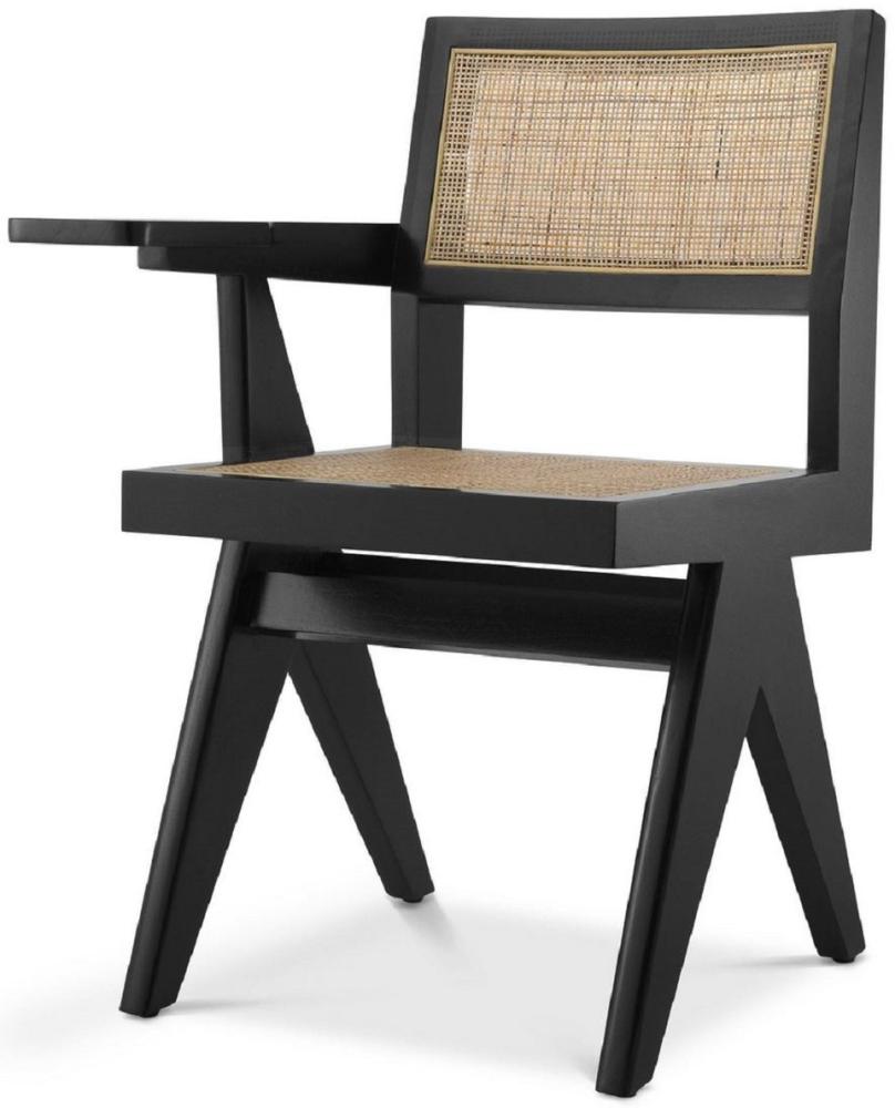 Casa Padrino Luxus Bürostuhl Schwarz / Naturfarben 44 x 54 x H. 85,5 cm - Massivholz Stuhl mit Rattangeflecht und Ablagefläche - Luxus Büro Möbel Bild 1