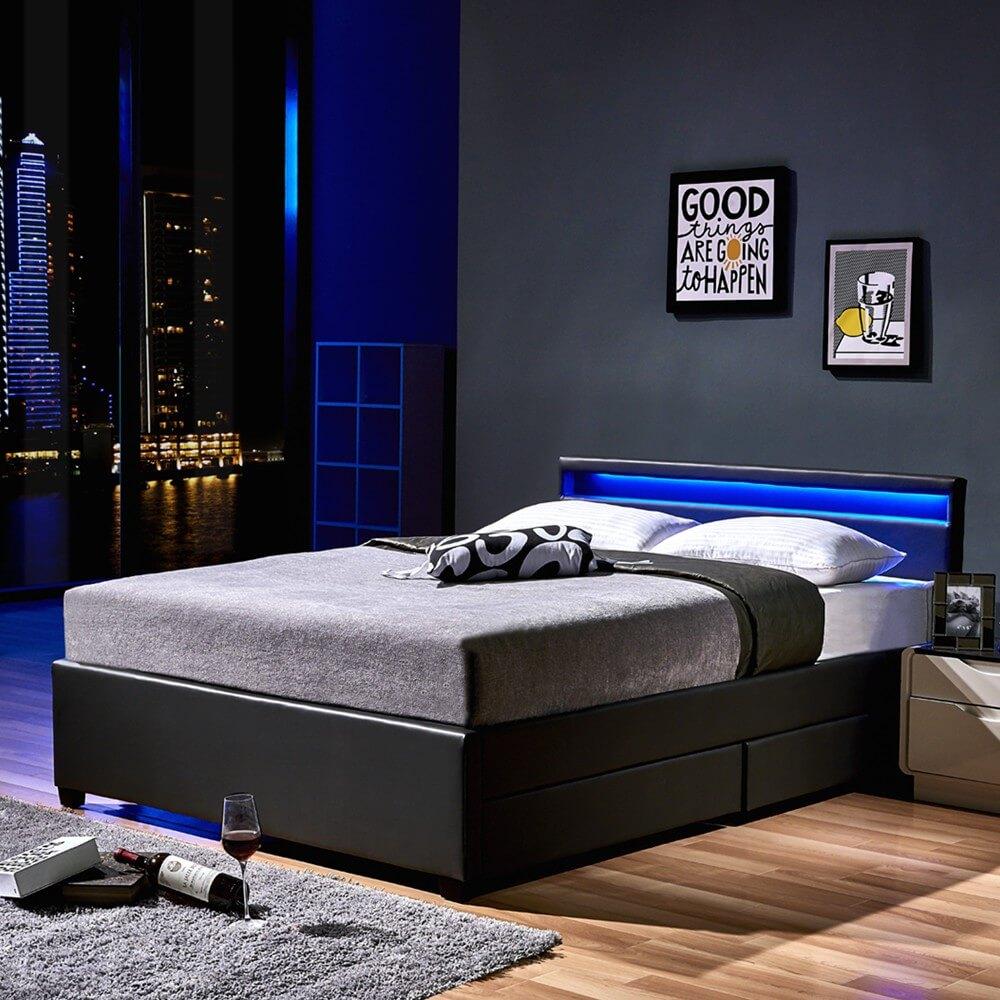 Home Deluxe Polsterbett 'Nube' mit LED-Beleuchtung und Schubladen 2x Lattenrost Dunkelgrau 140 x 200 cm Bild 1