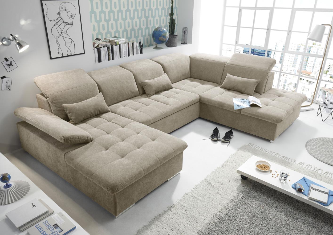 Couch WAYNE R Sofa Schlafcouch Wohnlandschaft Schlaffunktion sand beige U-Form rechts Bild 1