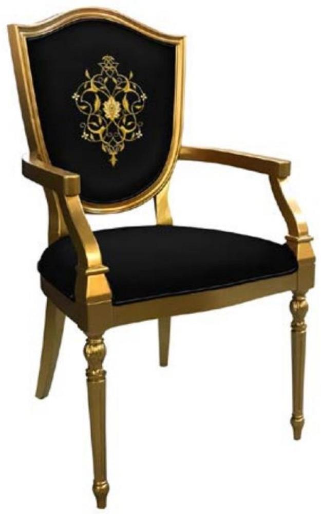 Casa Padrino Art Deco Esszimmerstuhl Schwarz / Gold - Massivholz Stuhl mit Armlehnen und elegantem Muster - Art Deco Esszimmer Möbel Bild 1