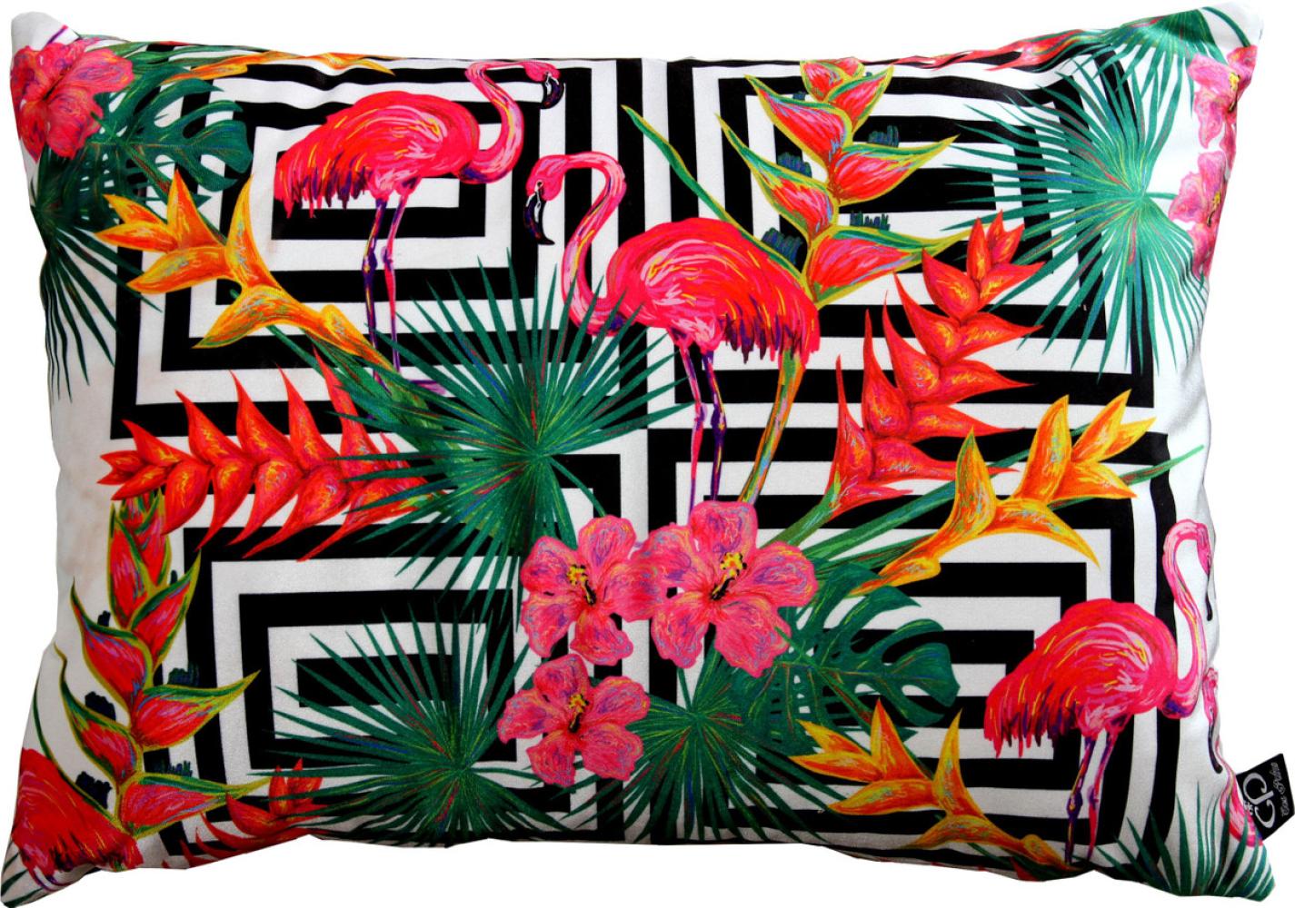 Casa Padrino Luxus Kissen Miami Flamingos & Flowers Mehrfarbig 35 x 55 cm - Feinster Samtstoff - Deko Wohnzimmer Kissen Bild 1