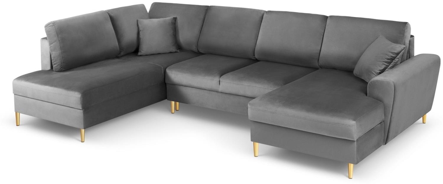 Micadoni 7-Sitzer Samtstoff Panorama Sofa Links mit Box und Schlaffunktion Moghan | Bezug Light Grey | Beinfarbe Gold Me... Bild 1