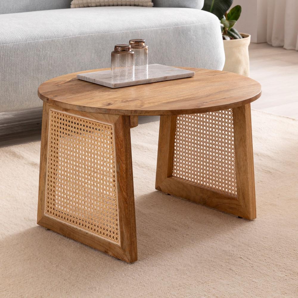 FineBuy Couchtisch 65x65x40 cm Mango Massivholz / Rattan Sofatisch Rund, Design Wohnzimmertisch Wiener Geflecht, Kaffeetisch Wohnzimmer Modern Braun Bild 1