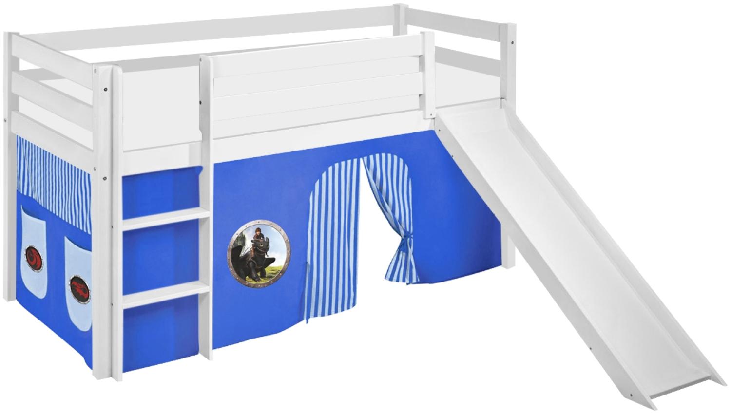 Lilokids 'Jelle' Spielbett 90 x 200 cm, Dragons Blau, Kiefer massiv, mit Rutsche und Vorhang Bild 1