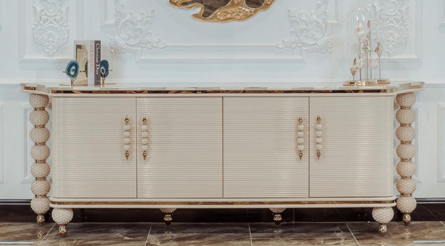 Casa Padrino Luxus Art Deco Sideboard Grau / Weiß / Gold 250 x 55,5 x H. 89 cm - Edler Massivholz Schrank mit 4 Türen und Kunstmarmor Platte - Art Deco Möbel - Luxus Qualität Bild 1