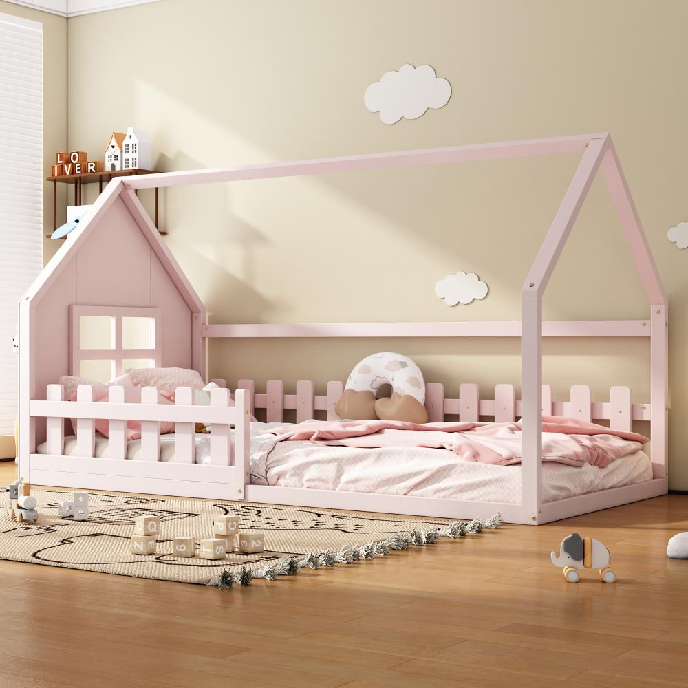 Merax 90*200cm Flachbett, Hausbett, mit ausziehbarem Bett, Rosa Bild 1