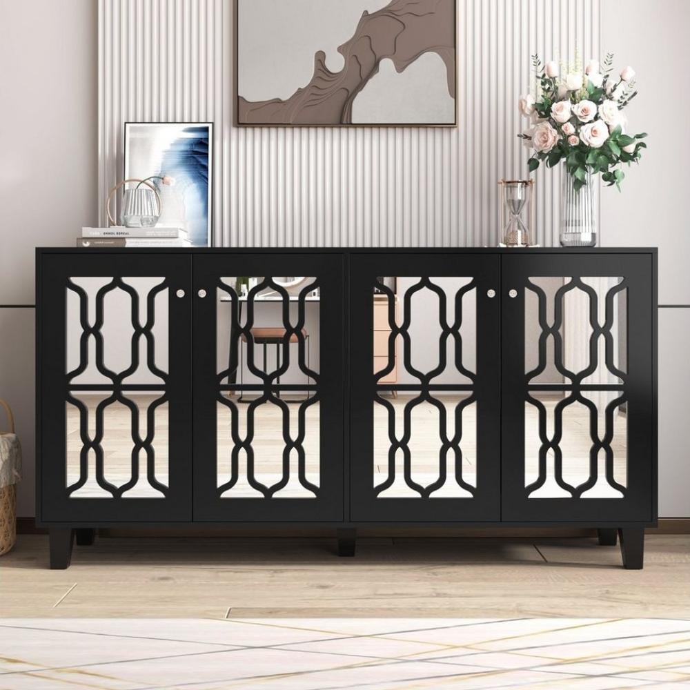 Merax Sideboard mit Spiegelelementen und geometrischem Trellis-Muster, Kommode mit Spiegelfront, Anrichte mit großem Stauraum, Breite:160cm Bild 1